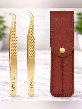 ✨New Gold Lash Tweezers Set (2 Pack) | Premium Stainless Steel + Case✨